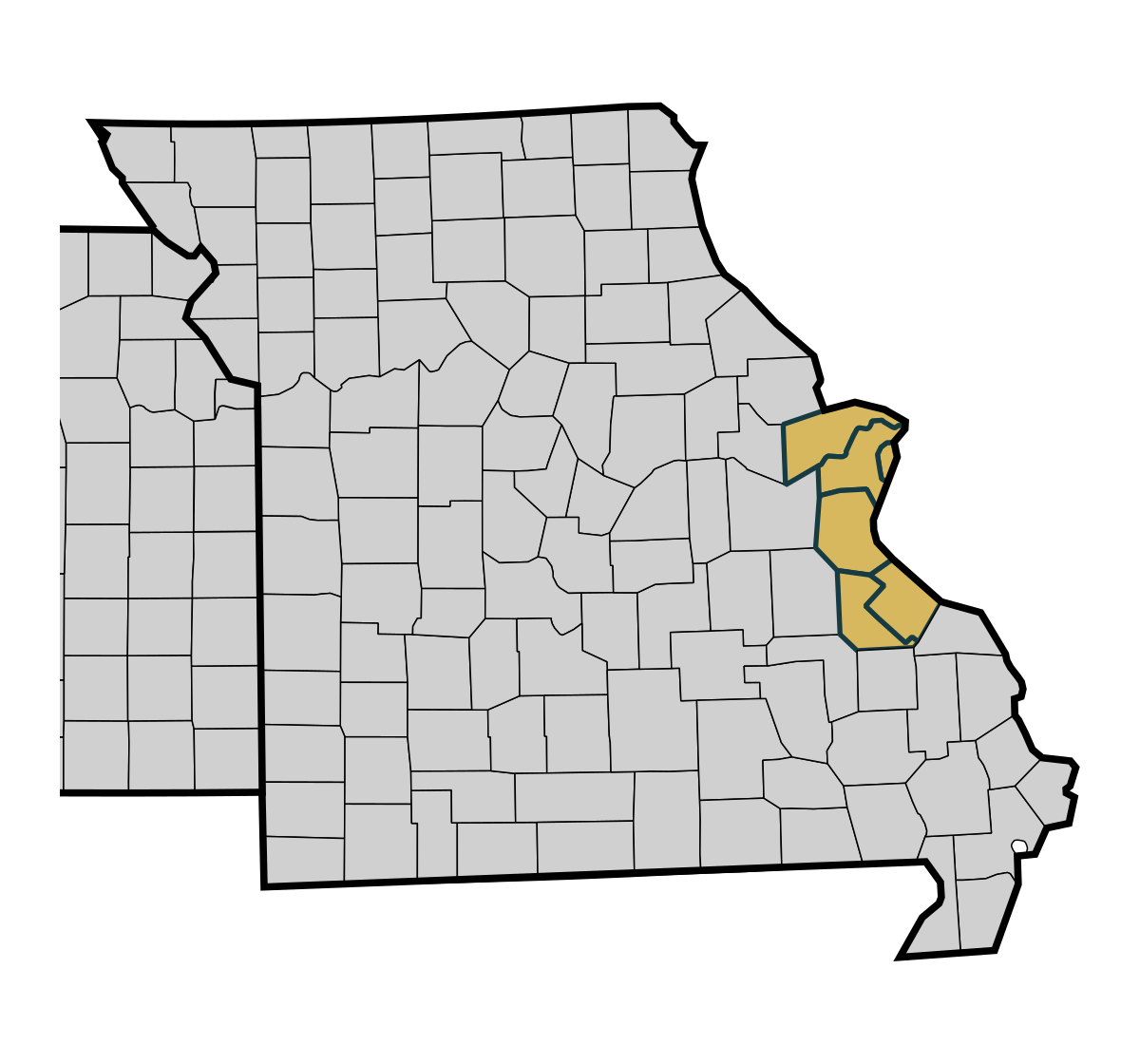 Missouri county map with St. Louis City, St. Louis County, St. Charles County, Jefferson County, Ste. Genevieve County, and St. Francois County highlighted in gold